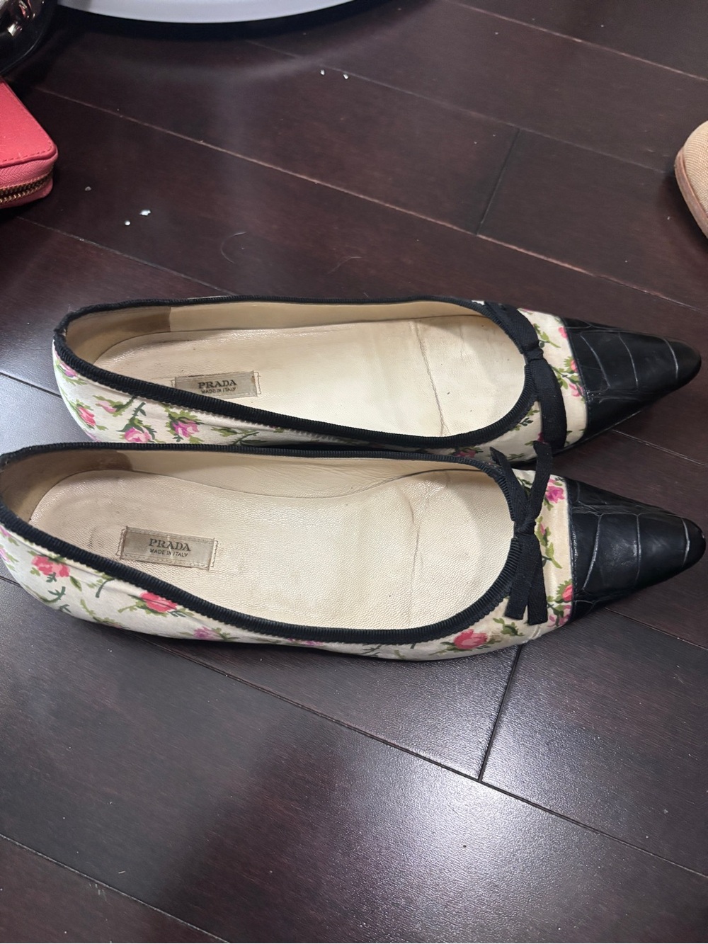 Prada Floral Canvas Pointed Toe Flats in Cream and Black with Pink Accents